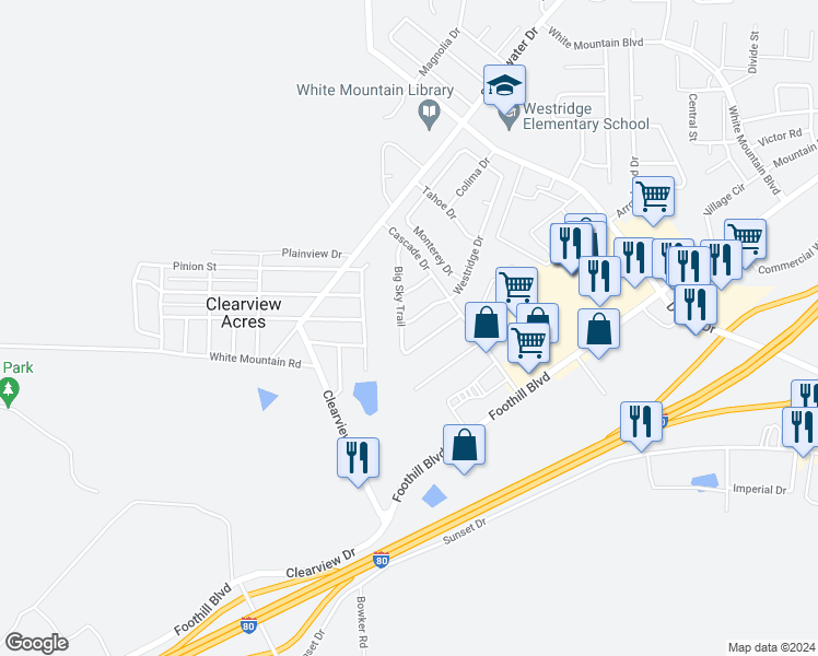 map of restaurants, bars, coffee shops, grocery stores, and more near 2229 Westridge Drive in Rock Springs