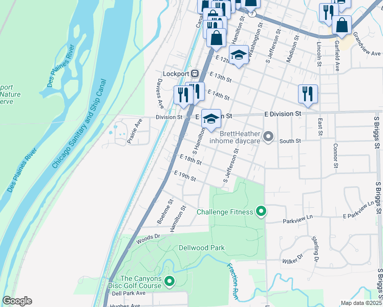 map of restaurants, bars, coffee shops, grocery stores, and more near 1723 South Hamilton Street in Lockport