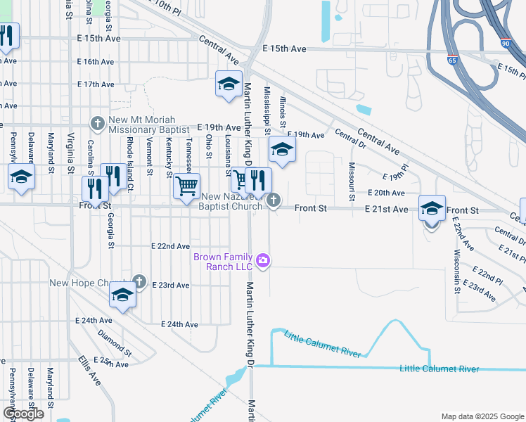 map of restaurants, bars, coffee shops, grocery stores, and more near 1521 East 21st Avenue in Gary