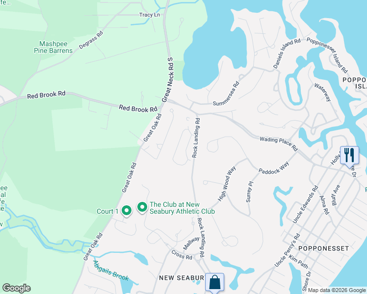 map of restaurants, bars, coffee shops, grocery stores, and more near 52 4 Seasons Drive in Mashpee
