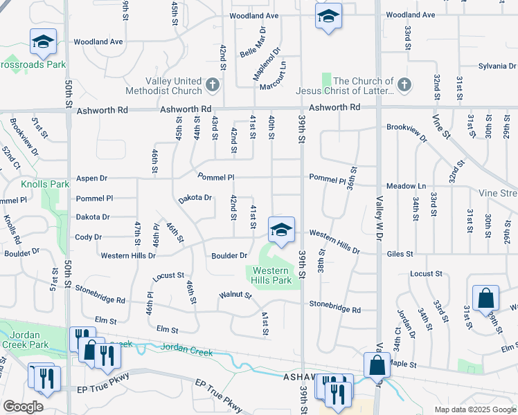 map of restaurants, bars, coffee shops, grocery stores, and more near 725 41st Street in West Des Moines