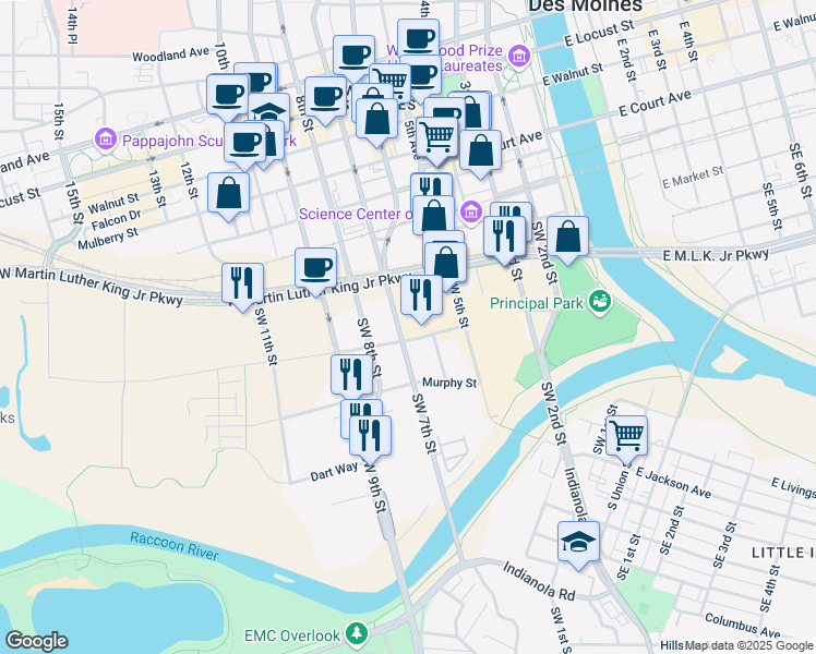 map of restaurants, bars, coffee shops, grocery stores, and more near 325 Southwest 7th Street in Des Moines