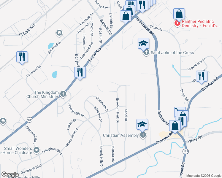 map of restaurants, bars, coffee shops, grocery stores, and more near 25627 Breckenridge Drive in Euclid