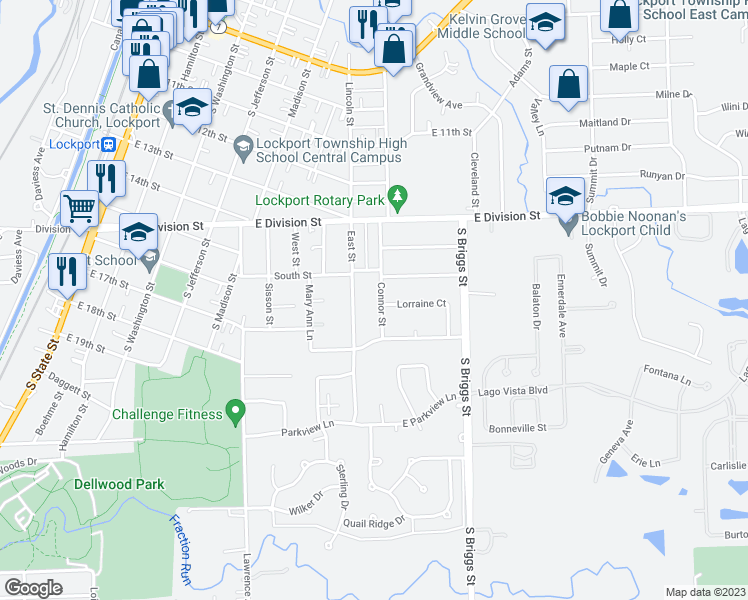 map of restaurants, bars, coffee shops, grocery stores, and more near 1625 Connor Street in Lockport
