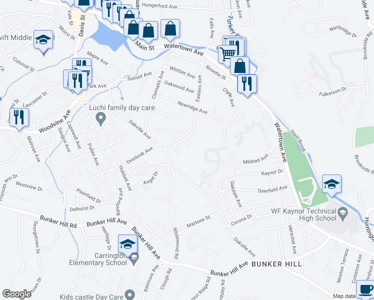 map of restaurants, bars, coffee shops, grocery stores, and more near 26 Elmer Street in Waterbury