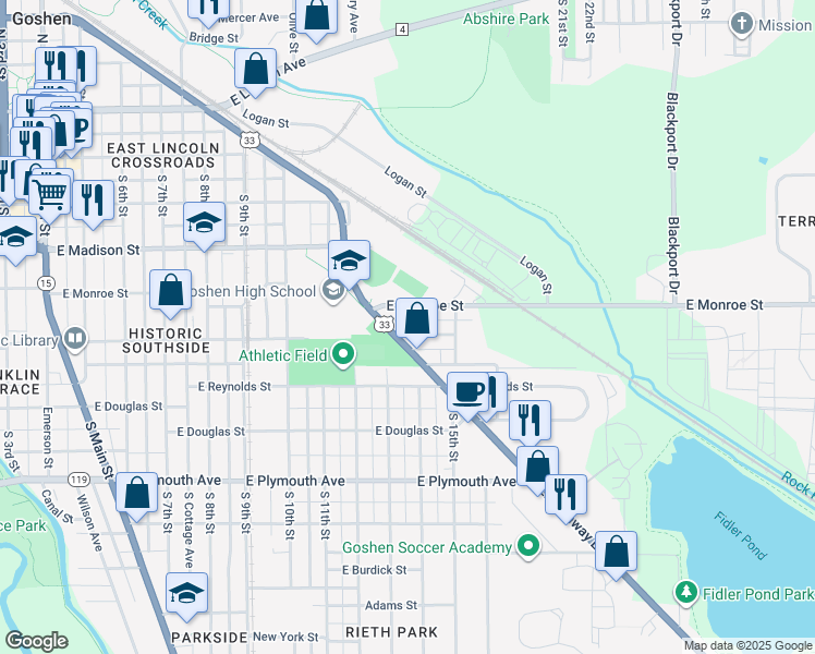 map of restaurants, bars, coffee shops, grocery stores, and more near 1109 Sander Avenue in Goshen