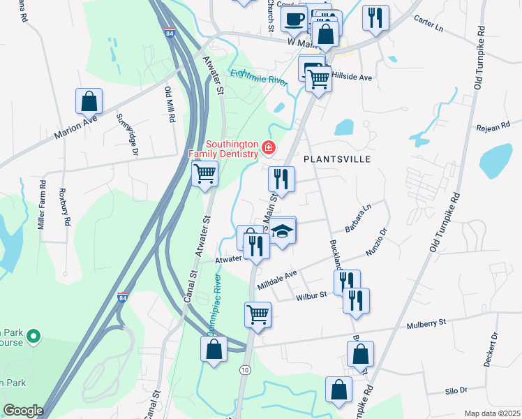 map of restaurants, bars, coffee shops, grocery stores, and more near 1000 South Main Street in Meriden