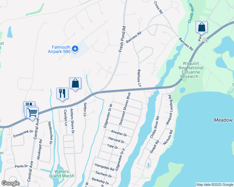 map of restaurants, bars, coffee shops, grocery stores, and more near 1083 East Falmouth Highway in Falmouth