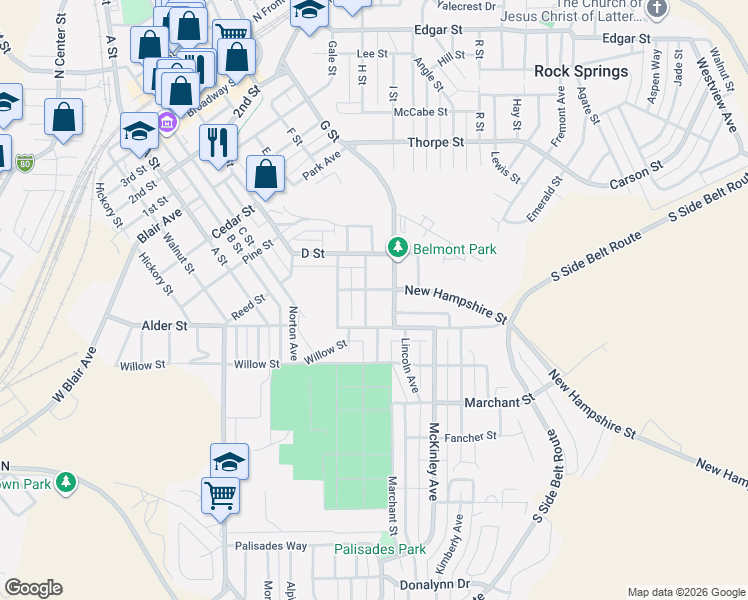 map of restaurants, bars, coffee shops, grocery stores, and more near 809 Rhode Island Avenue in Rock Springs