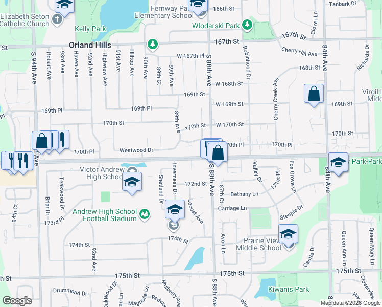 map of restaurants, bars, coffee shops, grocery stores, and more near 17055 Hickory Court in Orland Hills