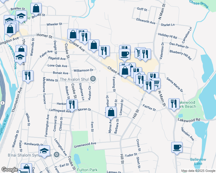map of restaurants, bars, coffee shops, grocery stores, and more near 138 Macarthur Drive in Waterbury