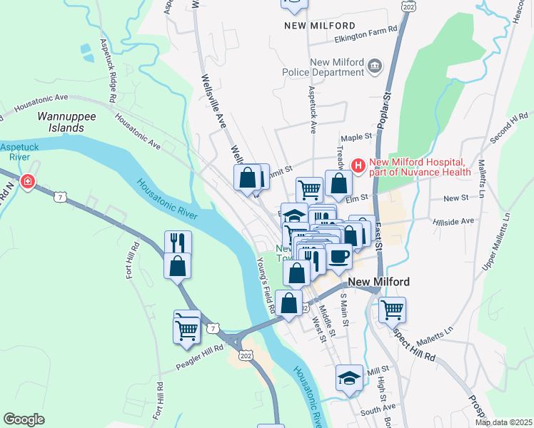 map of restaurants, bars, coffee shops, grocery stores, and more near 18 Young's Field Road in New Milford