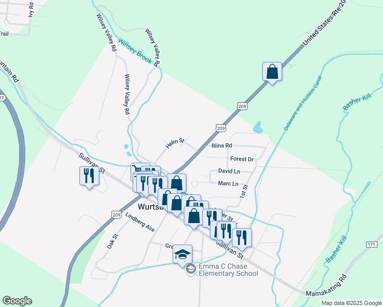 map of restaurants, bars, coffee shops, grocery stores, and more near 263 Kingston Avenue in Wurtsboro
