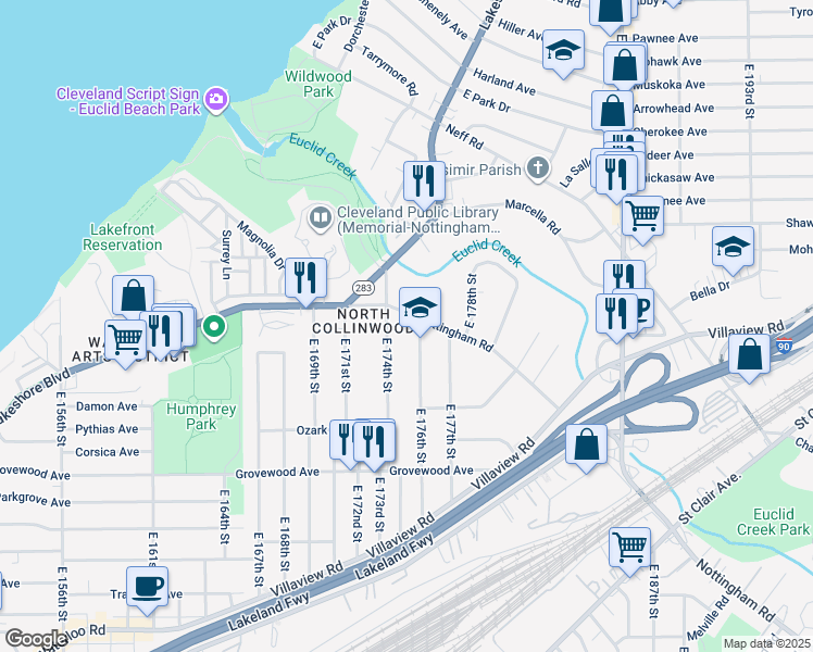 map of restaurants, bars, coffee shops, grocery stores, and more near 1024 East 176th Street in Cleveland