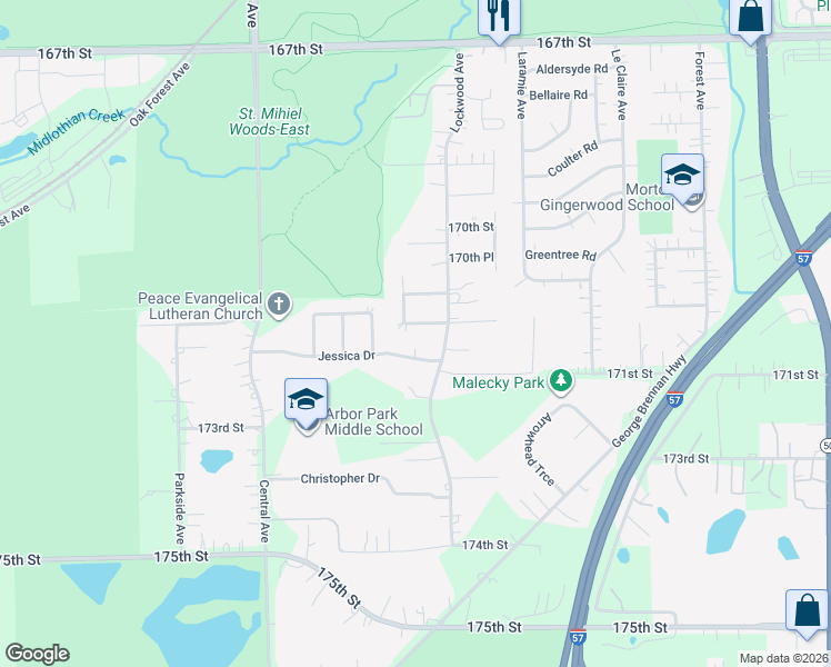 map of restaurants, bars, coffee shops, grocery stores, and more near 5341 Judy Court in Oak Forest