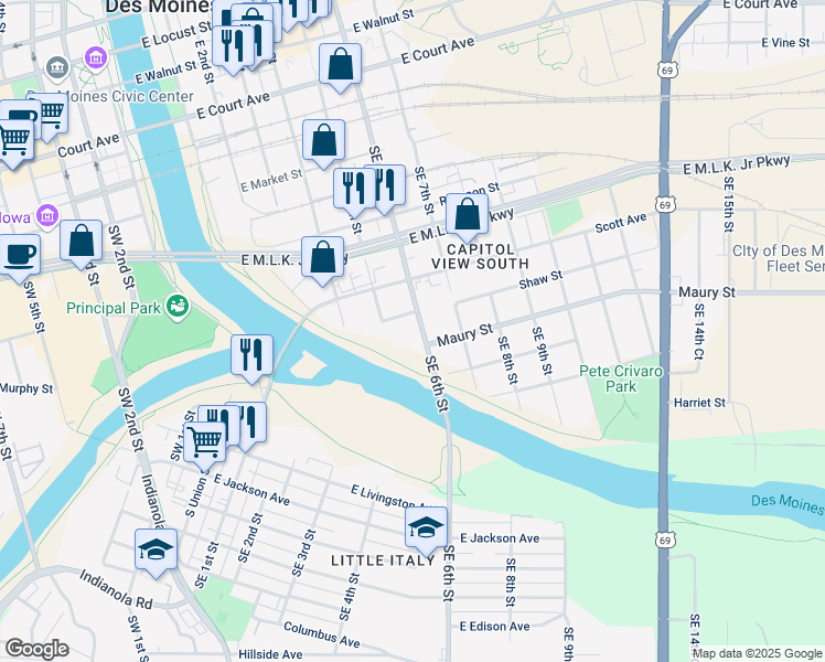 map of restaurants, bars, coffee shops, grocery stores, and more near 717 Southeast 6th Street in Des Moines