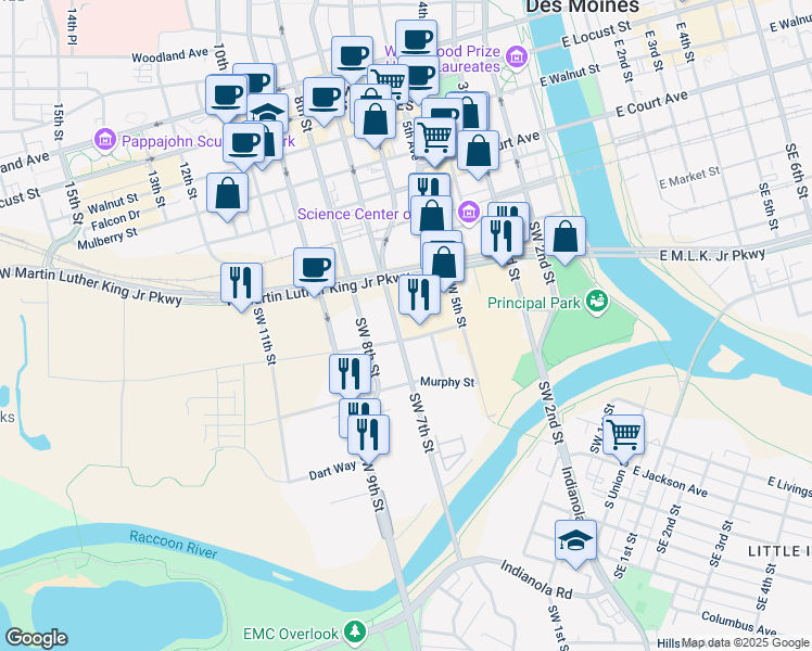 map of restaurants, bars, coffee shops, grocery stores, and more near 330 7th Street in West Des Moines