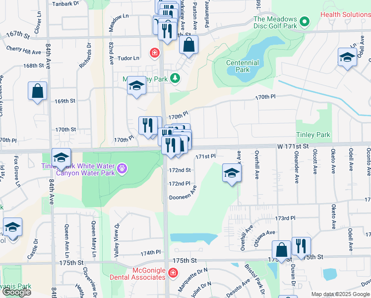 map of restaurants, bars, coffee shops, grocery stores, and more near 7941 171st Street in Tinley Park