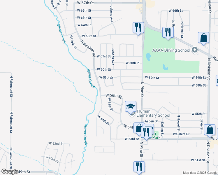 map of restaurants, bars, coffee shops, grocery stores, and more near 2621 West 58th Street in Davenport