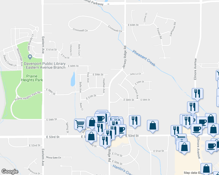 map of restaurants, bars, coffee shops, grocery stores, and more near 5918 Jersey Ridge Road in Davenport