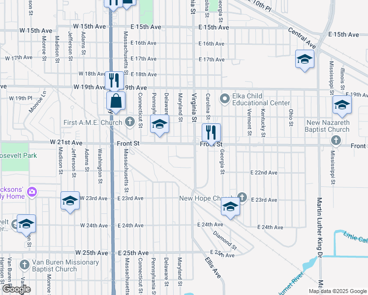 map of restaurants, bars, coffee shops, grocery stores, and more near 400 East 21st Place in Gary