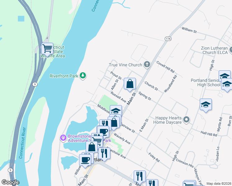 map of restaurants, bars, coffee shops, grocery stores, and more near 5 Russell Avenue in Portland
