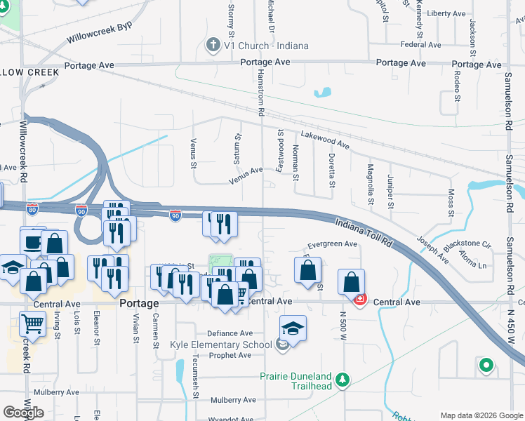 map of restaurants, bars, coffee shops, grocery stores, and more near Hamstrom Rd in Portage