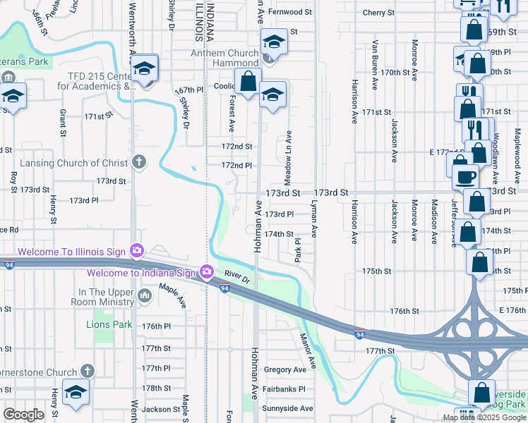 map of restaurants, bars, coffee shops, grocery stores, and more near 205 173rd Place in Hammond