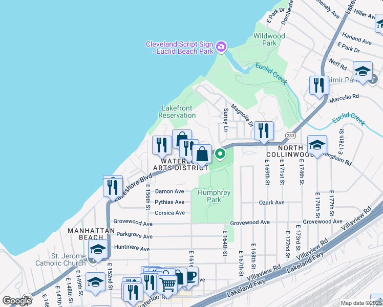 map of restaurants, bars, coffee shops, grocery stores, and more near 16025 Lakeshore Boulevard in Cleveland