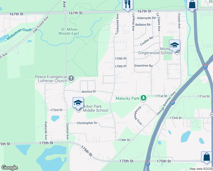 map of restaurants, bars, coffee shops, grocery stores, and more near 5341 Judy Court in Oak Forest