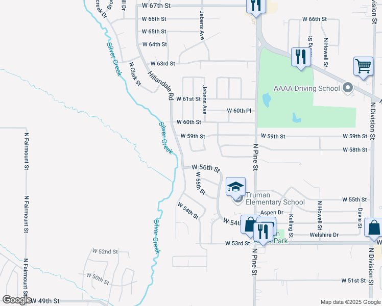 map of restaurants, bars, coffee shops, grocery stores, and more near 2621 West 58th Street in Davenport