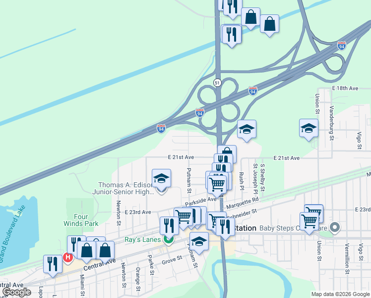 map of restaurants, bars, coffee shops, grocery stores, and more near 2052 Putnam Street in Lake Station