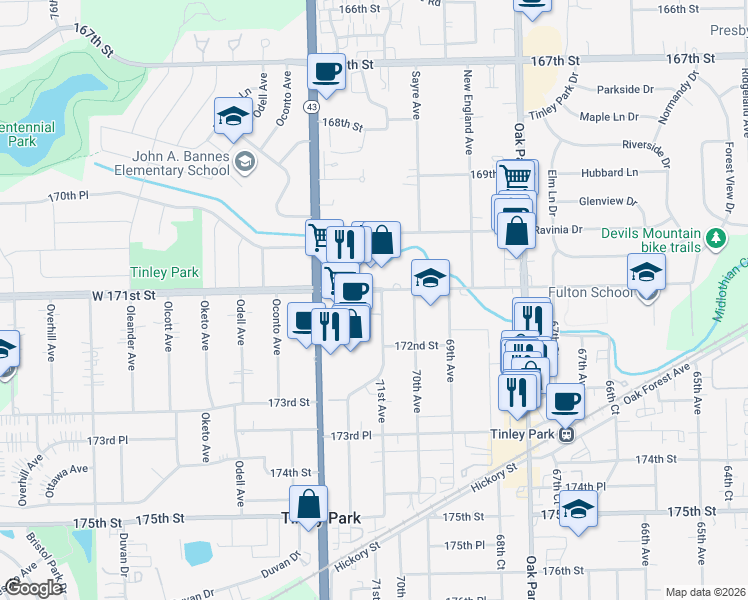 map of restaurants, bars, coffee shops, grocery stores, and more near 17102 71st Avenue in Tinley Park