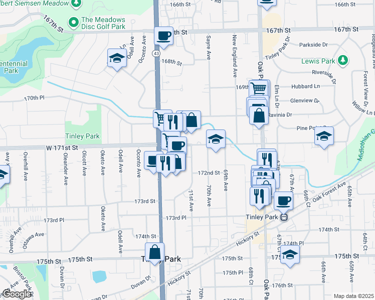 map of restaurants, bars, coffee shops, grocery stores, and more near 17100 71st Avenue in Tinley Park