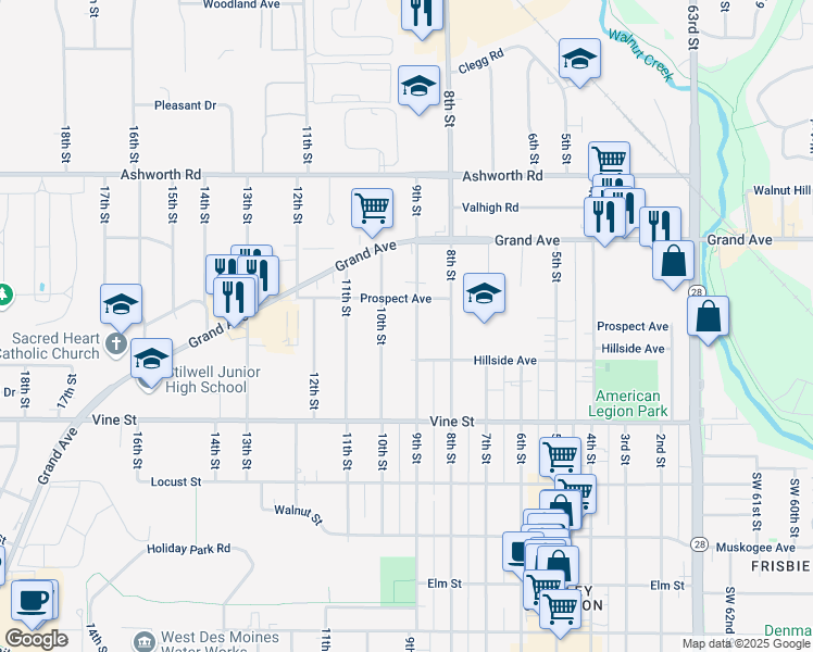 map of restaurants, bars, coffee shops, grocery stores, and more near 717 10th Street in West Des Moines