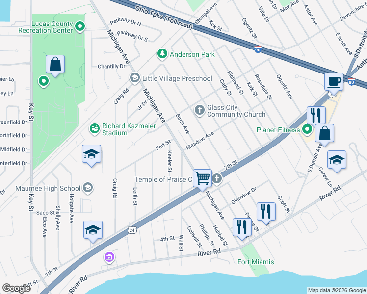 map of restaurants, bars, coffee shops, grocery stores, and more near 1102 Michigan Avenue in Maumee