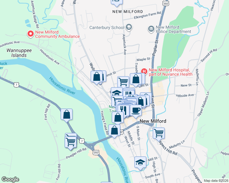 map of restaurants, bars, coffee shops, grocery stores, and more near 1 Terrace Place in New Milford