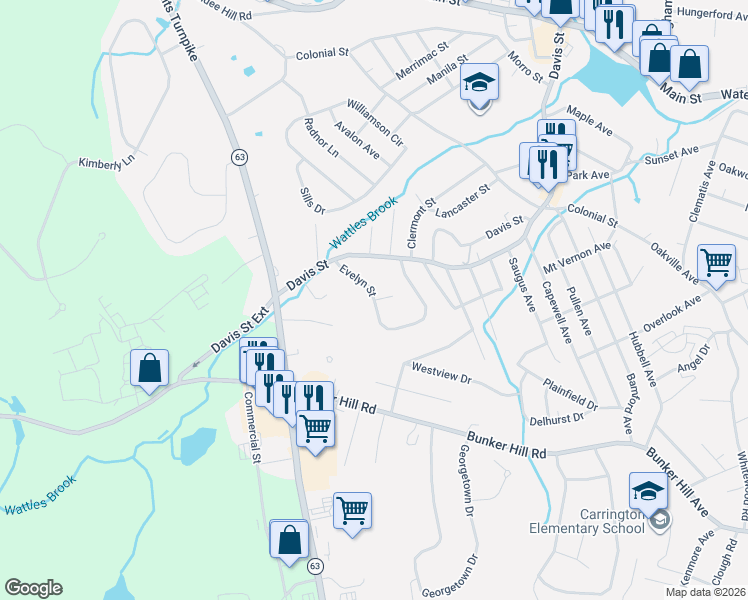 map of restaurants, bars, coffee shops, grocery stores, and more near Evelyn Street in Watertown