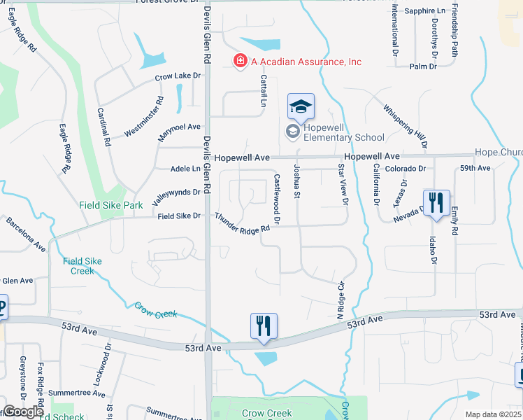 map of restaurants, bars, coffee shops, grocery stores, and more near 5741 Thunder Ridge Road in Bettendorf