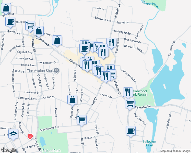 map of restaurants, bars, coffee shops, grocery stores, and more near 171 Chase Avenue in Waterbury