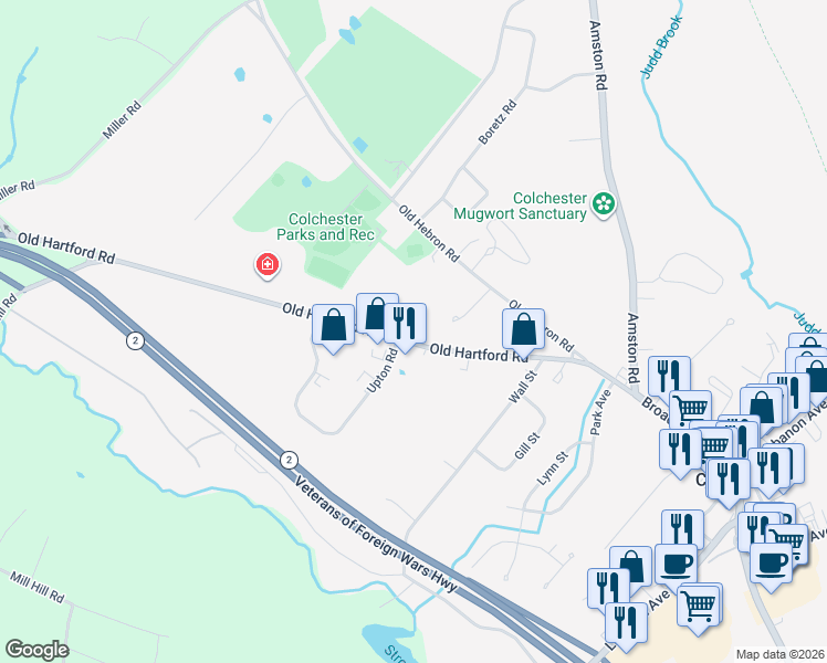 map of restaurants, bars, coffee shops, grocery stores, and more near 200 Old Hartford Road in Colchester
