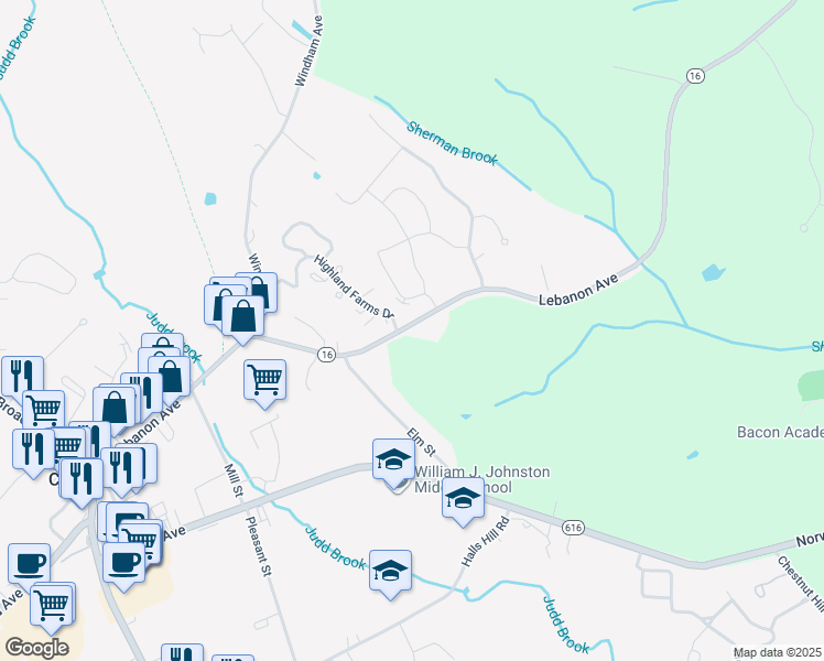 map of restaurants, bars, coffee shops, grocery stores, and more near 346 Lebanon Avenue in Colchester