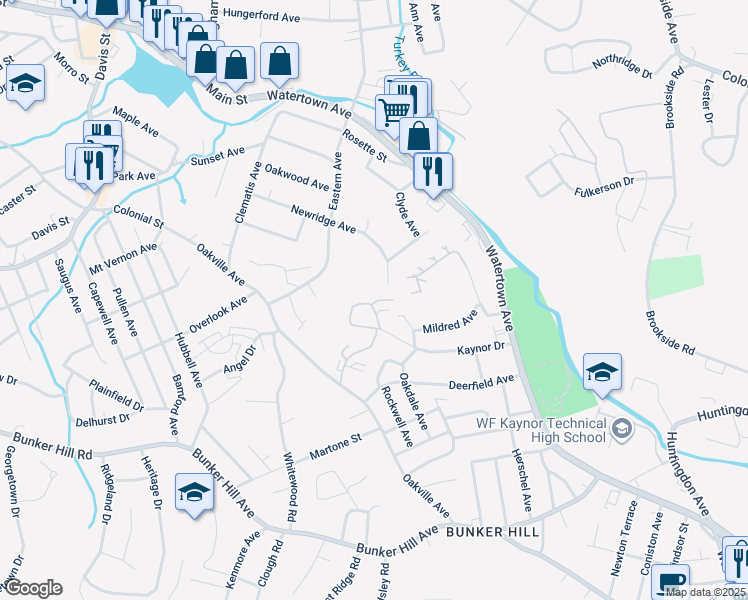 map of restaurants, bars, coffee shops, grocery stores, and more near 30 Kay Lane in Waterbury