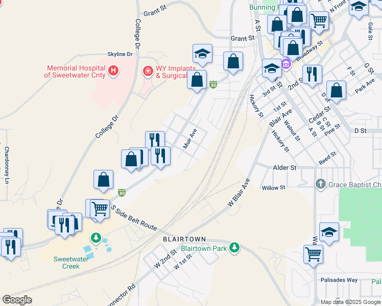 map of restaurants, bars, coffee shops, grocery stores, and more near 920 McCarty Ave in Rock Springs