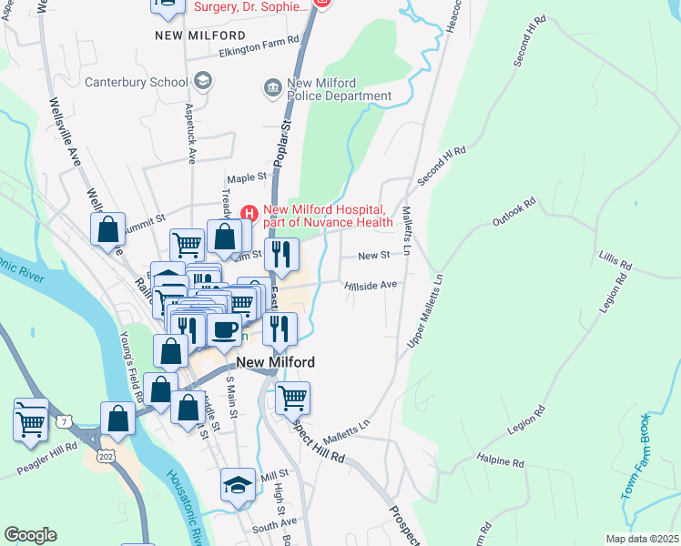 map of restaurants, bars, coffee shops, grocery stores, and more near 22 Brookside Ave in New Milford