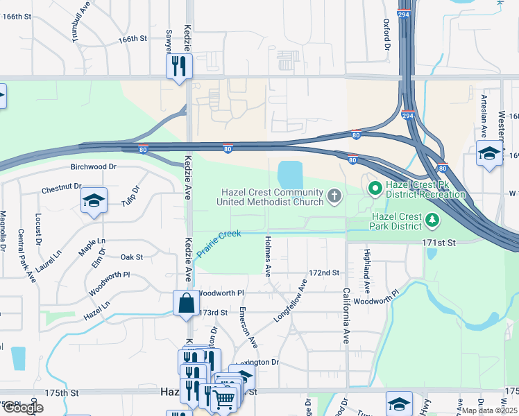 map of restaurants, bars, coffee shops, grocery stores, and more near 17004 Novak Drive in Hazel Crest