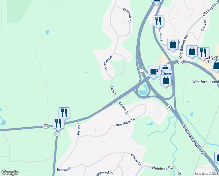 map of restaurants, bars, coffee shops, grocery stores, and more near 30 Lang Drive in North Kingstown