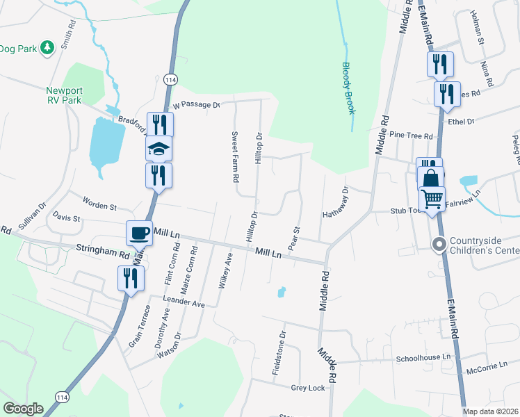 map of restaurants, bars, coffee shops, grocery stores, and more near 71 Prudence View Road in Portsmouth
