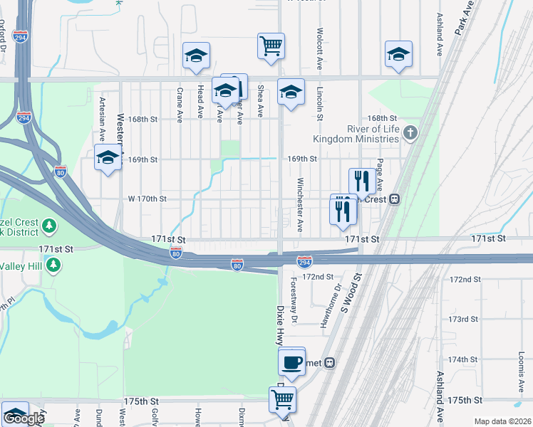 map of restaurants, bars, coffee shops, grocery stores, and more near 17050 Dixie Highway in Hazel Crest