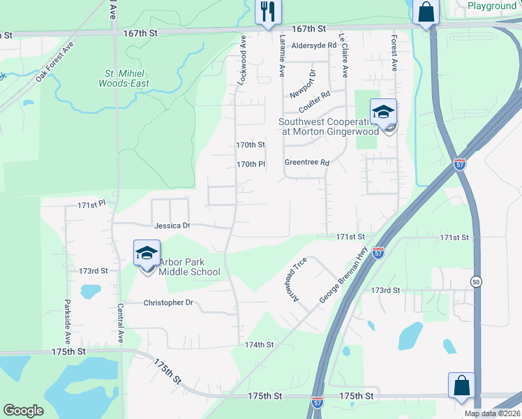 map of restaurants, bars, coffee shops, grocery stores, and more near 5235 Kathleen Court in Oak Forest